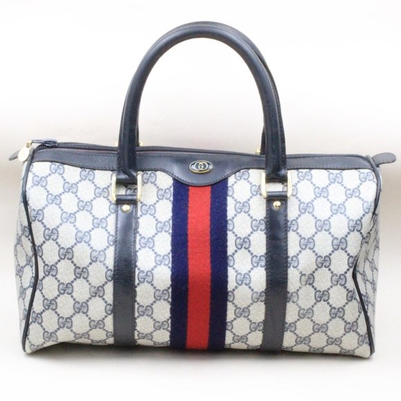 Authentic Vintage 60's Gucci GG Monogram Blue Red Doctors PVC Boston Handbag - Picture 1 of 14